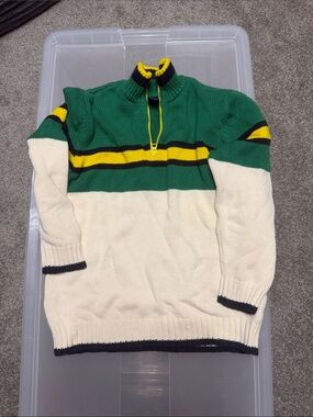 Gap kids L Green and Cream Quarter-Zip Stripe Knit Sweater